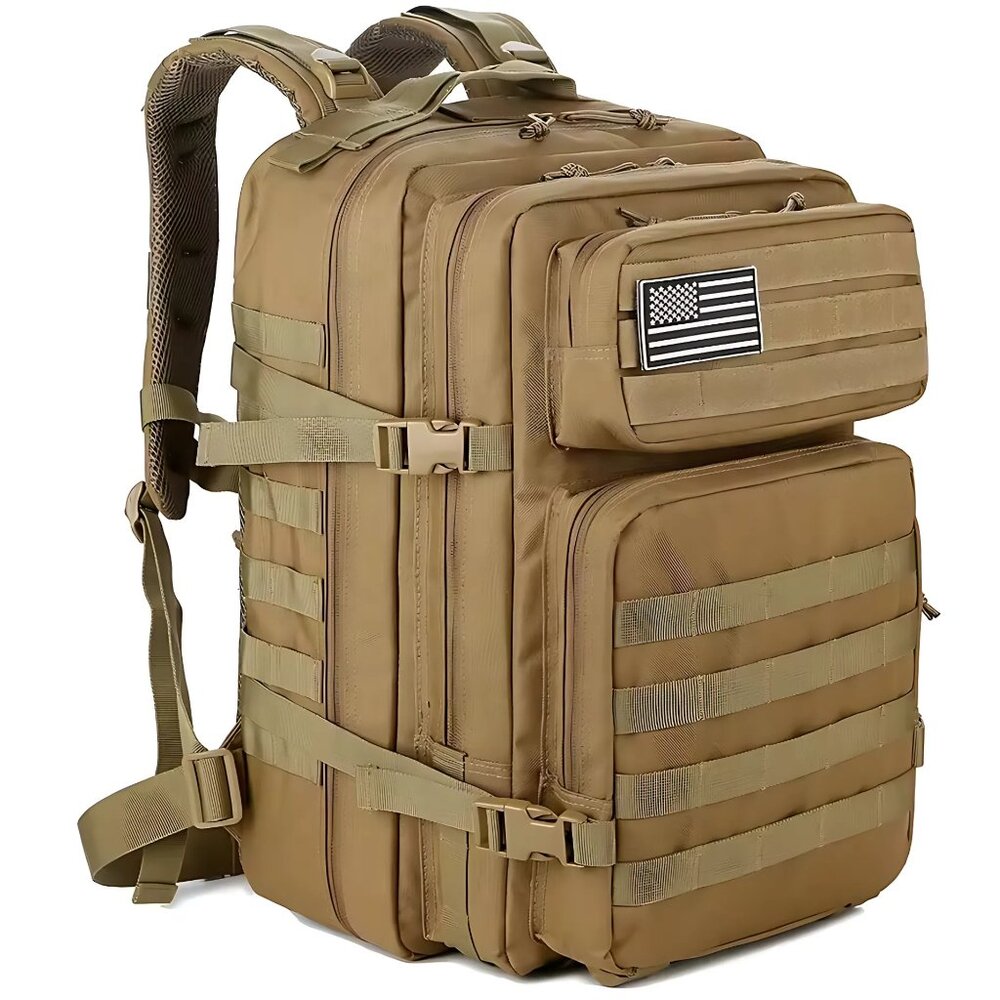 45L Tactical Backpack Khaki Waterproof Multi Compartment for Hiking, Camping